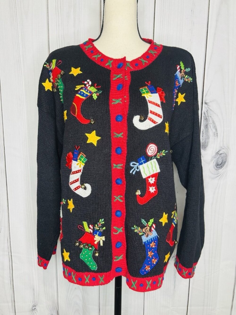 Tiara International Christmas Cardigan Sweater Stockings Sz L Vintage Beads Bell